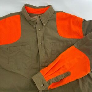 LL Bean Mens Orange Trim Button Down Shirt XL Regular Khaki Hunting Field Work